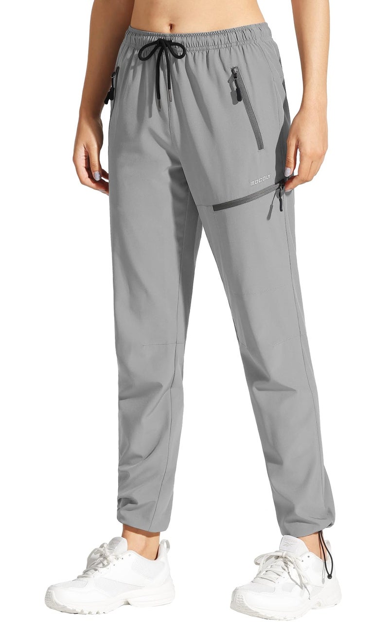MOCOLY Women's Girls Hiking Cargo Pants Elastic Waist Quick Dry Lightweight Water Resistant Long Pants UPF SPF 50+ Light Grey XXL - Image 1